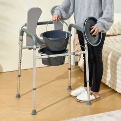 VEVOR Commode Chair, Bedside Commode with Padded Seat and Arms, 7-Level Adjustable Height, 5.8L Removable Bucket, Easy to Assemble, 350 LBS Capacity, Raised Toilet Seat for Adults Seniors