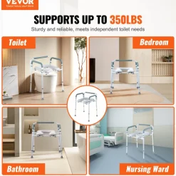 VEVOR Commode Chair, Bedside Commode with Padded Seat and Arms, 7-Level Adjustable Height, 5.8L Removable Bucket, Easy to Assemble, 350 LBS Capacity, Raised Toilet Seat for Adults Seniors