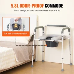 VEVOR Commode Chair, Bedside Commode with Padded Seat and Arms, 7-Level Adjustable Height, 5.8L Removable Bucket, Easy to Assemble, 350 LBS Capacity, Raised Toilet Seat for Adults Seniors