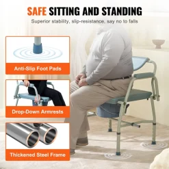 VEVOR Commode Chair, Bedside Commode with Drop-Down Arms and Detachable Backrest, 5-Level Adjustable Height, 7L Removable Bucket, Easy to Assemble, 1000LBS Capacity, Portable Toilet for Adults Seniors