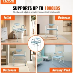 VEVOR Commode Chair, Bedside Commode with Drop-Down Arms and Detachable Backrest, 5-Level Adjustable Height, 7L Removable Bucket, Easy to Assemble, 1000LBS Capacity, Portable Toilet for Adults Seniors