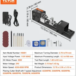 VEVOR Compact Lathe Machine, Dimensions 2.76 x 6.3 inches, 24VDC 96W, Includes Milling Machine Accessories, Features 7 Adjustable Speeds Ranging from 4220 to 8450 RPM, Ideal for DIY Woodworking and