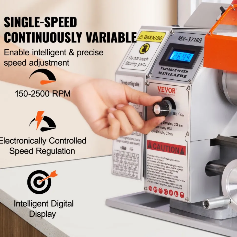 VEVOR Compact Metal Lathe, 7'' x 16'', 800W, Precision Desktop Metalworking Lathe, Variable Speed 150-2500 RPM, Includes 3.9'' 3-jaw Chuck & Tool Box for Detailed Part Crafting