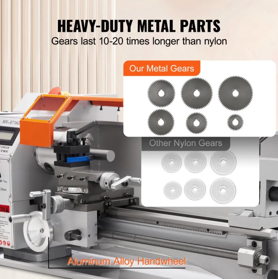 VEVOR Compact Metal Lathe, 7'' x 16'', 800W, Precision Desktop Metalworking Lathe, Variable Speed 150-2500 RPM, Includes 3.9'' 3-jaw Chuck & Tool Box for Detailed Part Crafting