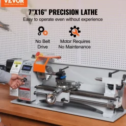 VEVOR Compact Metal Lathe, 7'' x 16'', 800W, Precision Desktop Metalworking Lathe, Variable Speed 150-2500 RPM, Includes 3.9'' 3-jaw Chuck & Tool Box for Detailed Part Crafting