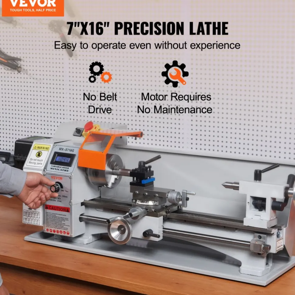 VEVOR Compact Metal Lathe, 7'' x 16'', 800W, Precision Desktop Metalworking Lathe, Variable Speed 150-2500 RPM, Includes 3.9'' 3-jaw Chuck & Tool Box for Detailed Part Crafting