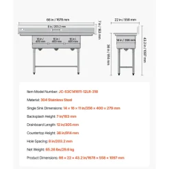 VEVOR 3 Compartment Sink, 18-Gauge 304 Stainless Steel, 14" x 16" x 11" Bowl Size, 3 Bay Commercial Kitchen Prep & Utility Sink with 2 Drainboards and Backsplash for Restaurant, Food Truck & Home Use