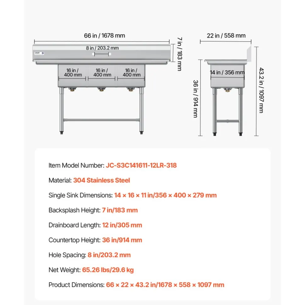 VEVOR 3 Compartment Sink, 18-Gauge 304 Stainless Steel, 14" x 16" x 11" Bowl Size, 3 Bay Commercial Kitchen Prep & Utility Sink with 2 Drainboards and Backsplash for Restaurant, Food Truck & Home Use