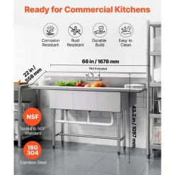 VEVOR 3 Compartment Sink, 18-Gauge 304 Stainless Steel, 14