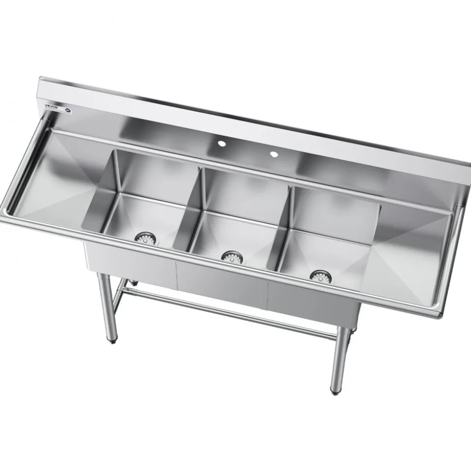 VEVOR 3 Compartment Sink, 18-Gauge 304 Stainless Steel, 14" x 16" x 11" Bowl Size, 3 Bay Commercial Kitchen Prep & Utility Sink with 2 Drainboards and Backsplash for Restaurant, Food Truck & Home Use