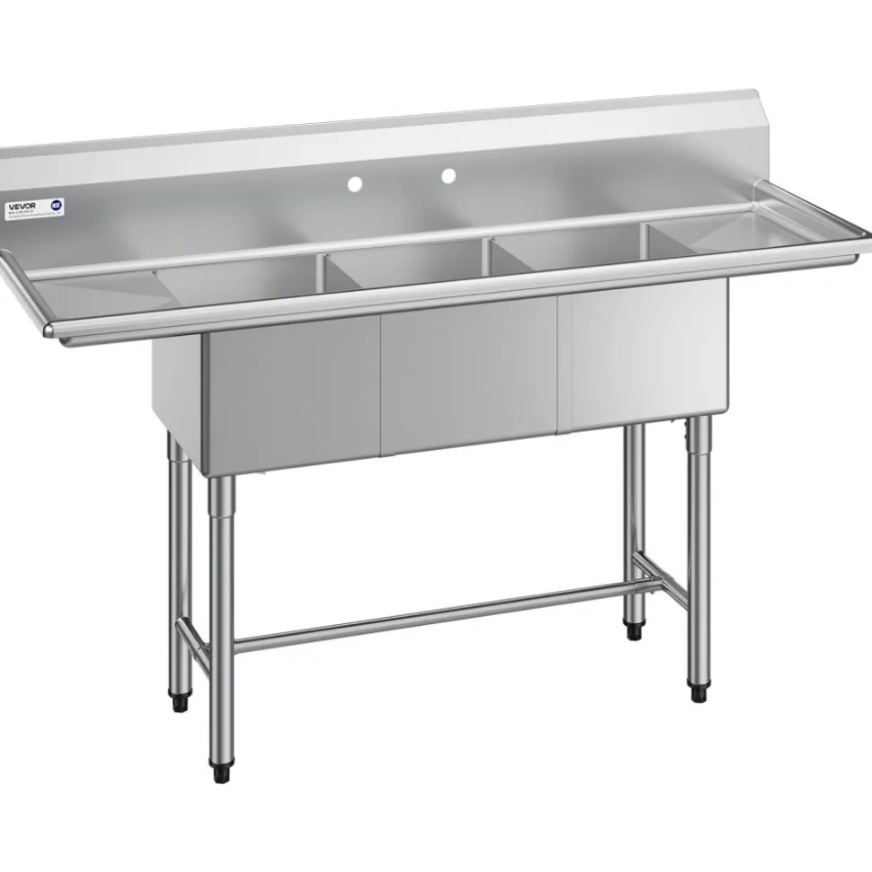VEVOR 3 Compartment Sink, 18-Gauge 304 Stainless Steel, 14" x 16" x 11" Bowl Size, 3 Bay Commercial Kitchen Prep & Utility Sink with 2 Drainboards and Backsplash for Restaurant, Food Truck & Home Use