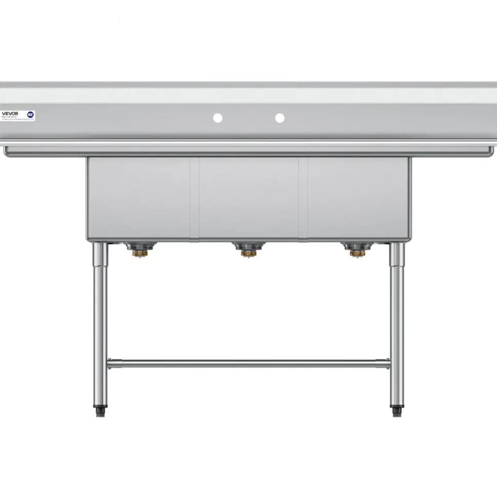 VEVOR 3 Compartment Sink, 18-Gauge 304 Stainless Steel, 14" x 16" x 11" Bowl Size, 3 Bay Commercial Kitchen Prep & Utility Sink with 2 Drainboards and Backsplash for Restaurant, Food Truck & Home Use