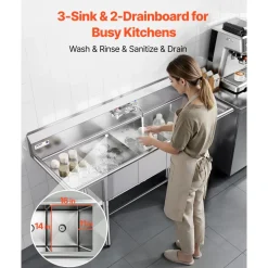 VEVOR 3 Compartment Sink, 18-Gauge 304 Stainless Steel, 14