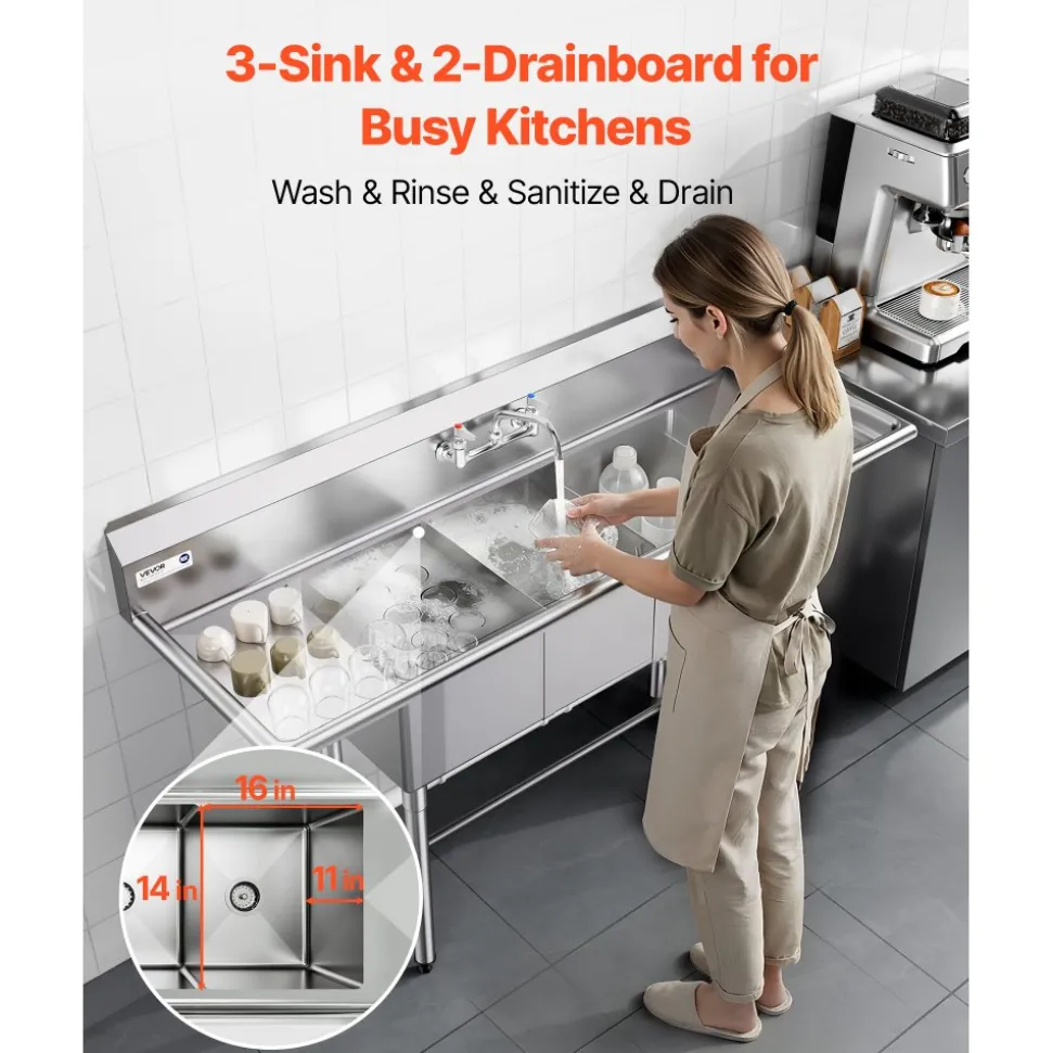 VEVOR 3 Compartment Sink, 18-Gauge 304 Stainless Steel, 14" x 16" x 11" Bowl Size, 3 Bay Commercial Kitchen Prep & Utility Sink with 2 Drainboards and Backsplash for Restaurant, Food Truck & Home Use