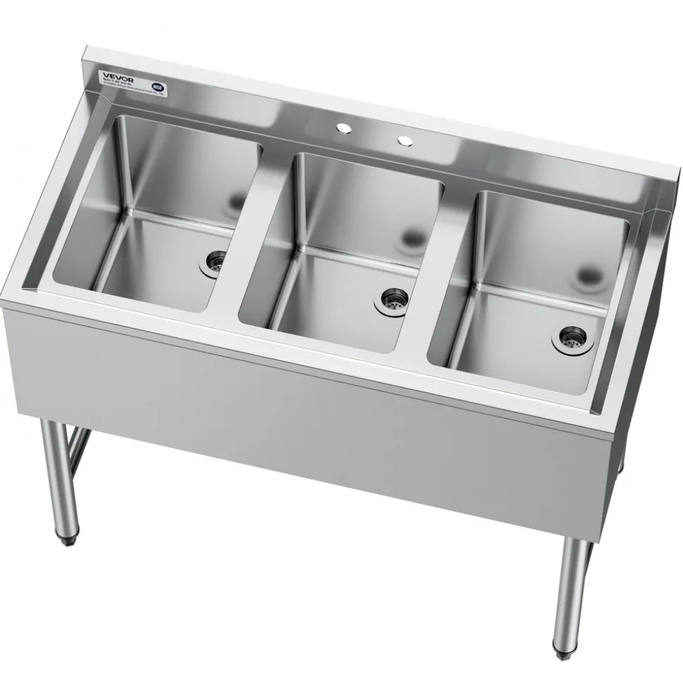 VEVOR 3 Compartment Sink, 18-Gauge 304 Stainless Steel, 10" x 14" x 10" Bowl Size, 3 Bay Commercial Under Bar Sink with Backsplash and Efficient Drainage for Kitchen, Restaurant, Food Truck & Home Use