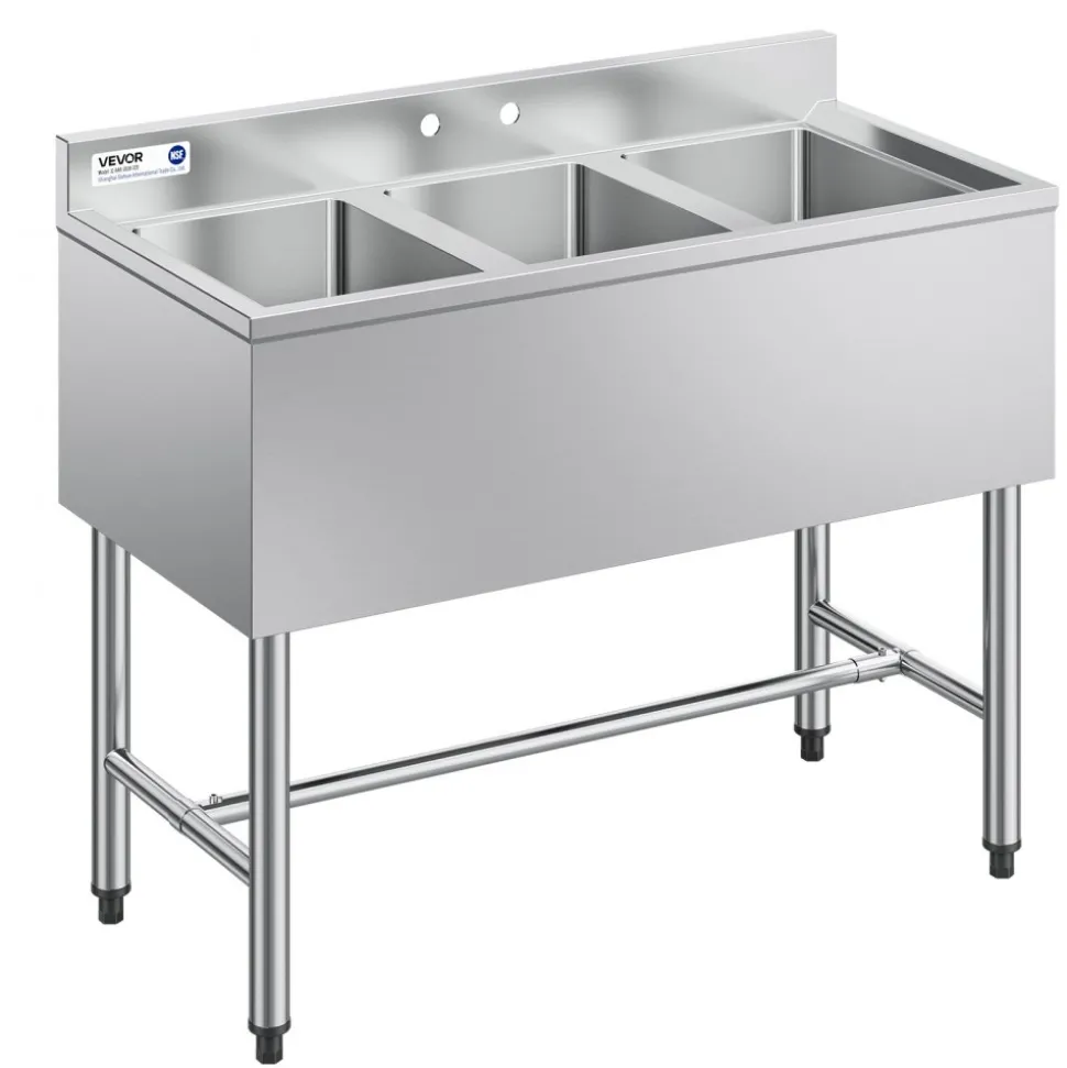 VEVOR 3 Compartment Sink, 18-Gauge 304 Stainless Steel, 10" x 14" x 10" Bowl Size, 3 Bay Commercial Under Bar Sink with Backsplash and Efficient Drainage for Kitchen, Restaurant, Food Truck & Home Use