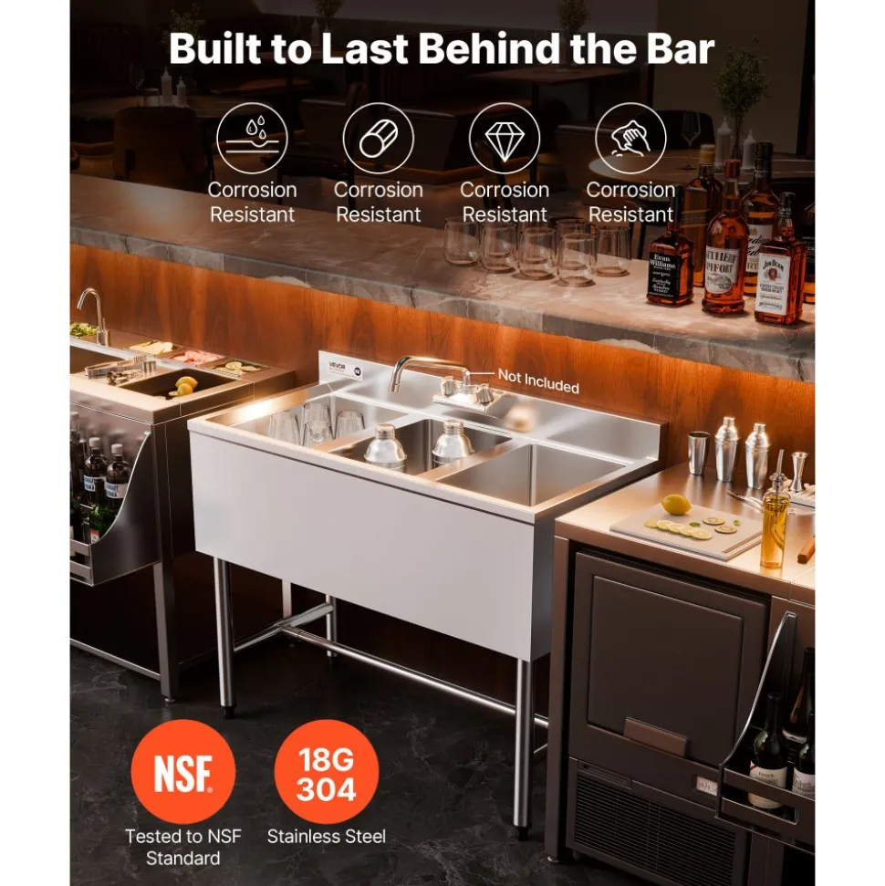 VEVOR 3 Compartment Sink, 18-Gauge 304 Stainless Steel, 10" x 14" x 10" Bowl Size, 3 Bay Commercial Under Bar Sink with Backsplash and Efficient Drainage for Kitchen, Restaurant, Food Truck & Home Use