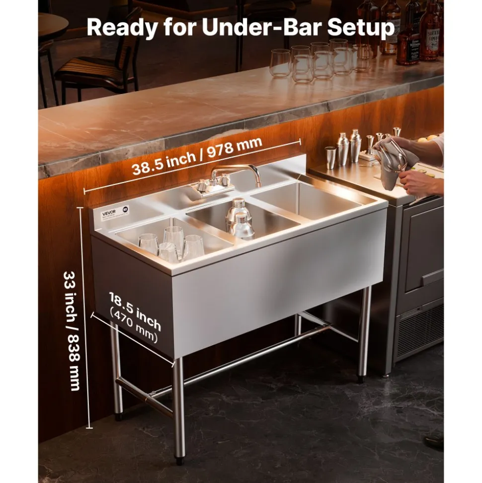 VEVOR 3 Compartment Sink, 18-Gauge 304 Stainless Steel, 10" x 14" x 10" Bowl Size, 3 Bay Commercial Under Bar Sink with Backsplash and Efficient Drainage for Kitchen, Restaurant, Food Truck & Home Use