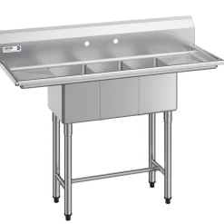 VEVOR 3 Compartment Sink, 18-Gauge 304 Stainless Steel, 10" x 14" x 10" Bowl Size, 3 Bay Commercial Kitchen Prep & Utility Sink with 2 Drainboards and Backsplash for Restaurant, Food Truck & Home Use