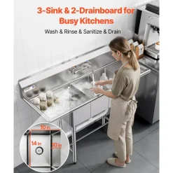 VEVOR 3 Compartment Sink, 18-Gauge 304 Stainless Steel, 10