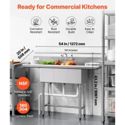 VEVOR 3 Compartment Sink, 18-Gauge 304 Stainless Steel, 10