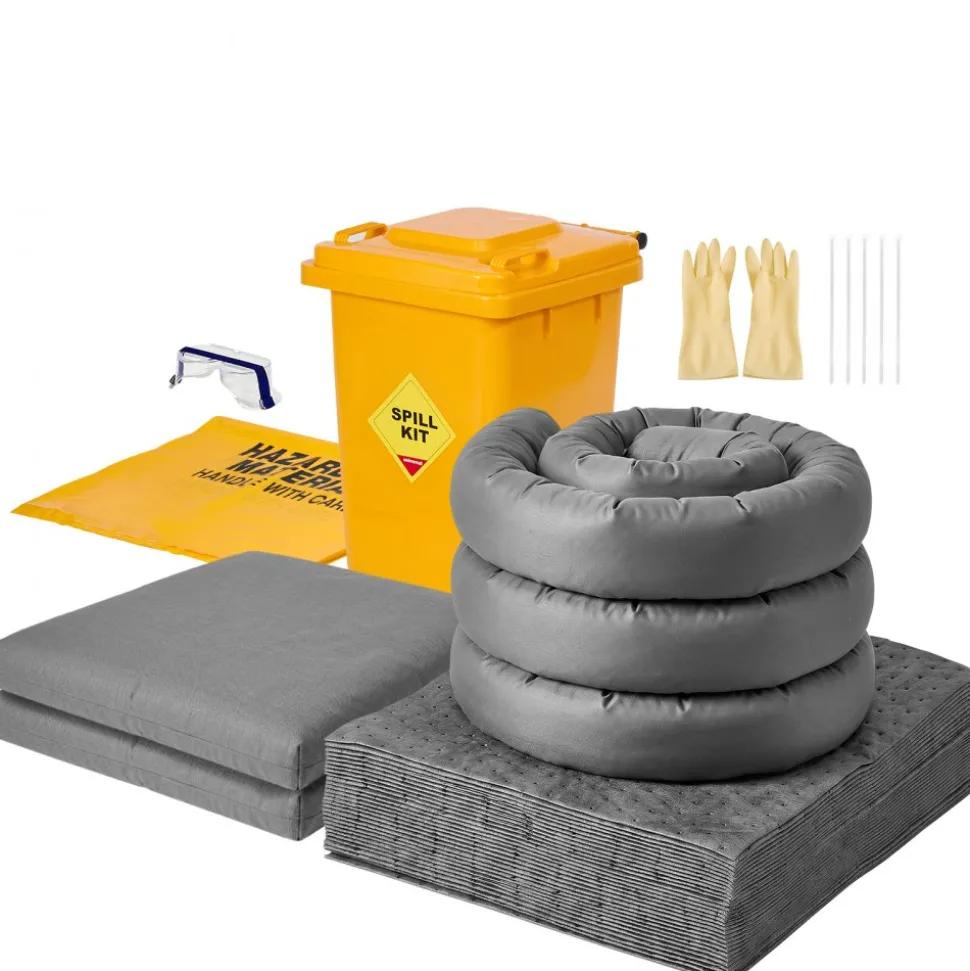 VEVOR Complete Spill Absorbent Kit for Oil & Water, 40PCS Heavy-Duty Oil Absorbent Pads, 3 Socks, 2 Pillows, 5 Hazardous Material Bags, 20-Gallon Wheeled Drum for Garage Workshop Spill Control