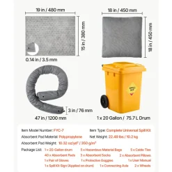 VEVOR Complete Spill Absorbent Kit for Oil & Water, 40PCS Heavy-Duty Oil Absorbent Pads, 3 Socks, 2 Pillows, 5 Hazardous Material Bags, 20-Gallon Wheeled Drum for Garage Workshop Spill Control