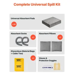 VEVOR Complete Spill Absorbent Kit for Oil & Water, 20PCS Medium-Duty Spill Absorbent Pads, 2 Socks, 2 Pillows, 2 Hazardous Material Bags, 1 Carrying Bag for Garage Workshop Spill Control & Cleanup