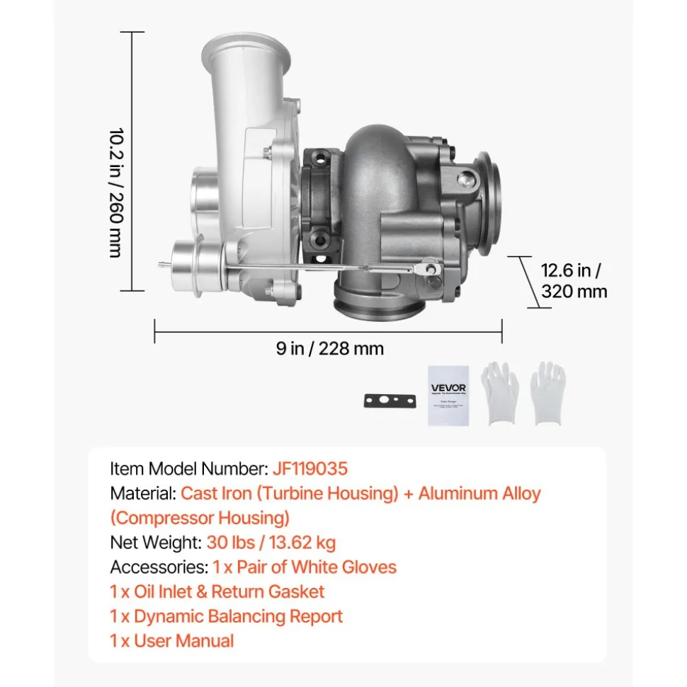 VEVOR Complete Turbo Turbocharger Kit with Wastegate Actuator, Compatible with Ford V8 7.3L Excursion 2000-2003, F-250 F-350 F-450 F-550 Super Duty 1999-2003, Replace# 1831383C92, 1831383C93