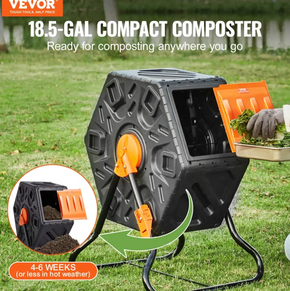 VEVOR Compost Bin, 18.5-Gal Composting Tumbler, Compact Single Rotating Chamber with Sliding Door and Steel Frame, BPA Free Small Composter Bin Tumbler for Garden, Kitchen, Yard, Outdoor