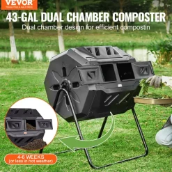 VEVOR Compost Bin, 43-Gal Dual Chamber Composting Tumbler, Large Tumbling Rotating Composter with 2 Sliding Doors and Steel Frame, BPA Free Composter Bin Tumbler for Garden, Kitchen, Yard, Outdoor