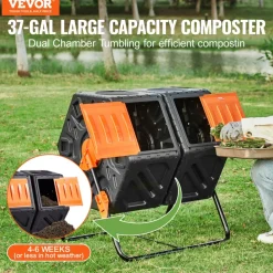 VEVOR Compost Bin, 37-Gal Dual Chamber Composting Tumbler, High Volume Two Rotating Chambers with 2 Sliding Door and Steel Frame, BPA Free Composter Bin Tumbler for Garden, Kitchen, Yard, Outdoor