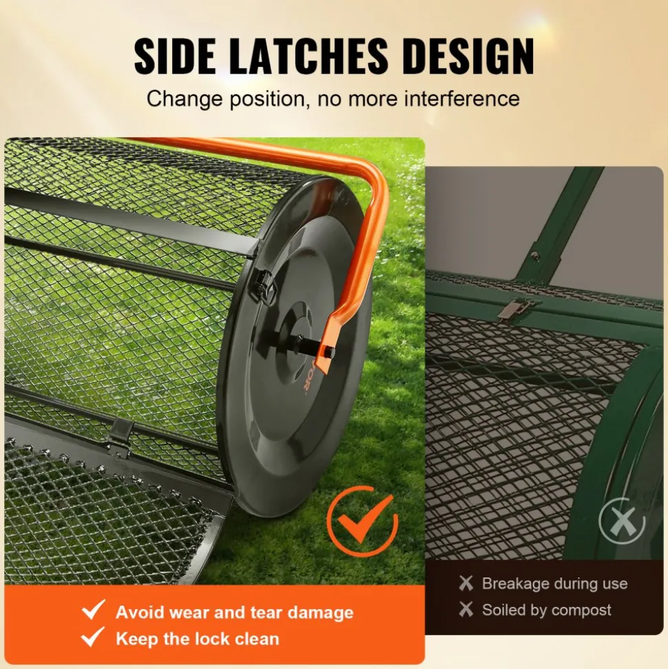 VEVOR Compost Spreader, 24.4-25.6" Height Adjustable Handle, 24" Wide, Lawn and Garden Peat Moss Roller with Side Latches, Powder Coated Steel Mesh Basket for Spreading Manure, Topsoil, Black