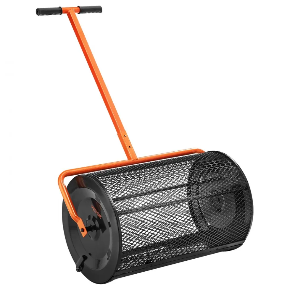 VEVOR Compost Spreader, 24.4-25.6" Height Adjustable Handle, 24" Wide, Lawn and Garden Peat Moss Roller with Side Latches, Powder Coated Steel Mesh Basket for Spreading Manure, Topsoil, Black