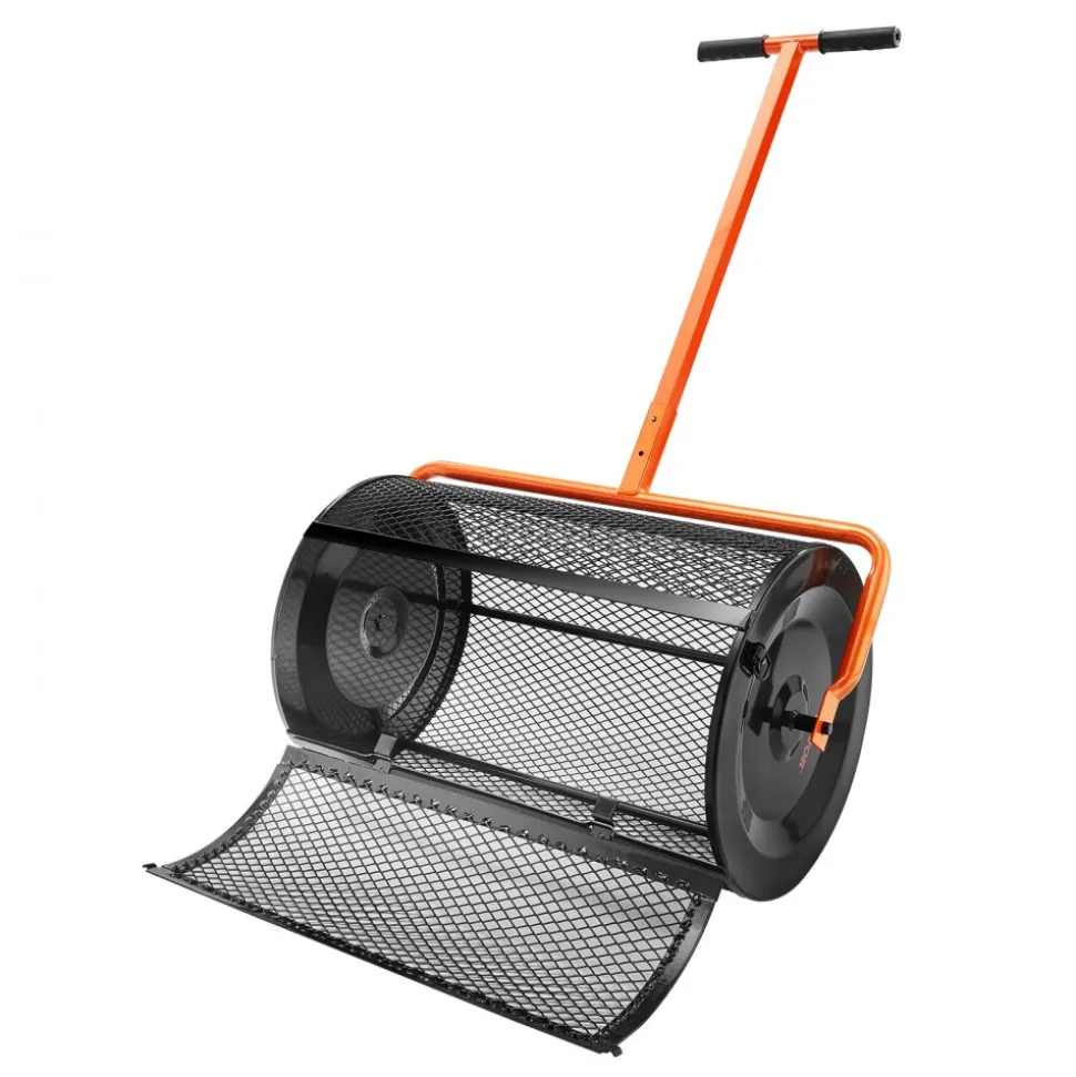 VEVOR Compost Spreader, 24.4-25.6" Height Adjustable Handle, 24" Wide, Lawn and Garden Peat Moss Roller with Side Latches, Powder Coated Steel Mesh Basket for Spreading Manure, Topsoil, Black