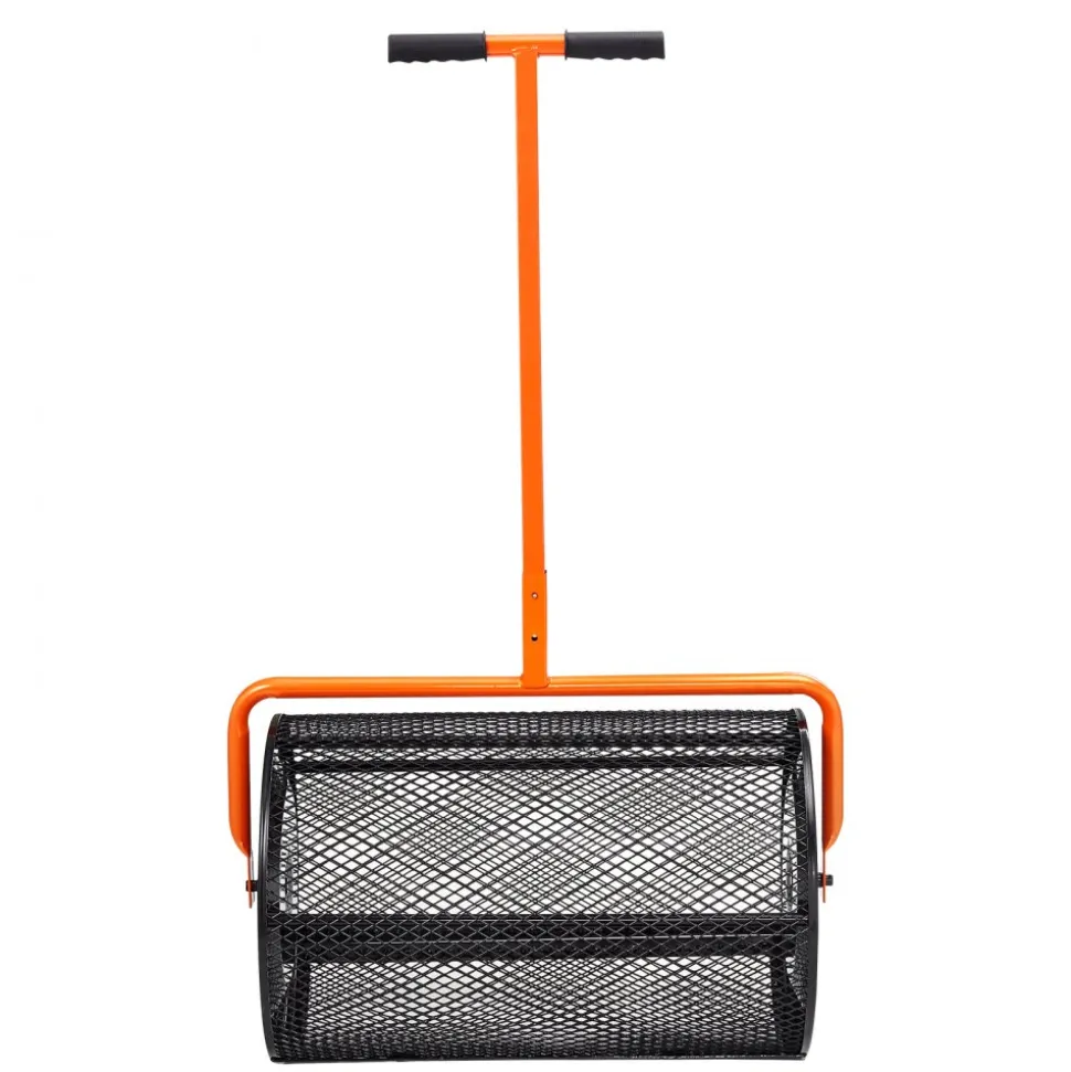 VEVOR Compost Spreader, 24.4-25.6" Height Adjustable Handle, 24" Wide, Lawn and Garden Peat Moss Roller with Side Latches, Powder Coated Steel Mesh Basket for Spreading Manure, Topsoil, Black