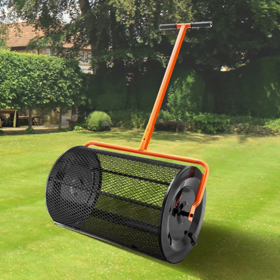 VEVOR Compost Spreader, 24.4-25.6" Height Adjustable Handle, 24" Wide, Lawn and Garden Peat Moss Roller with Side Latches, Powder Coated Steel Mesh Basket for Spreading Manure, Topsoil, Black