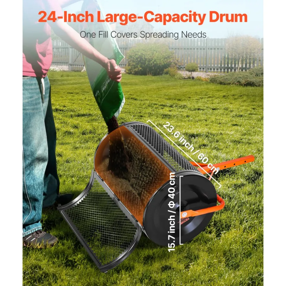 VEVOR Compost Spreader, 24 in Wide Peat Moss Spreader with T Shaped Handle, 3 Heights Adjustable, Powder-Coated Steel Garden Peat Moss Roller, Heavy Duty Grass Seed Spreaders for Planting Seeding