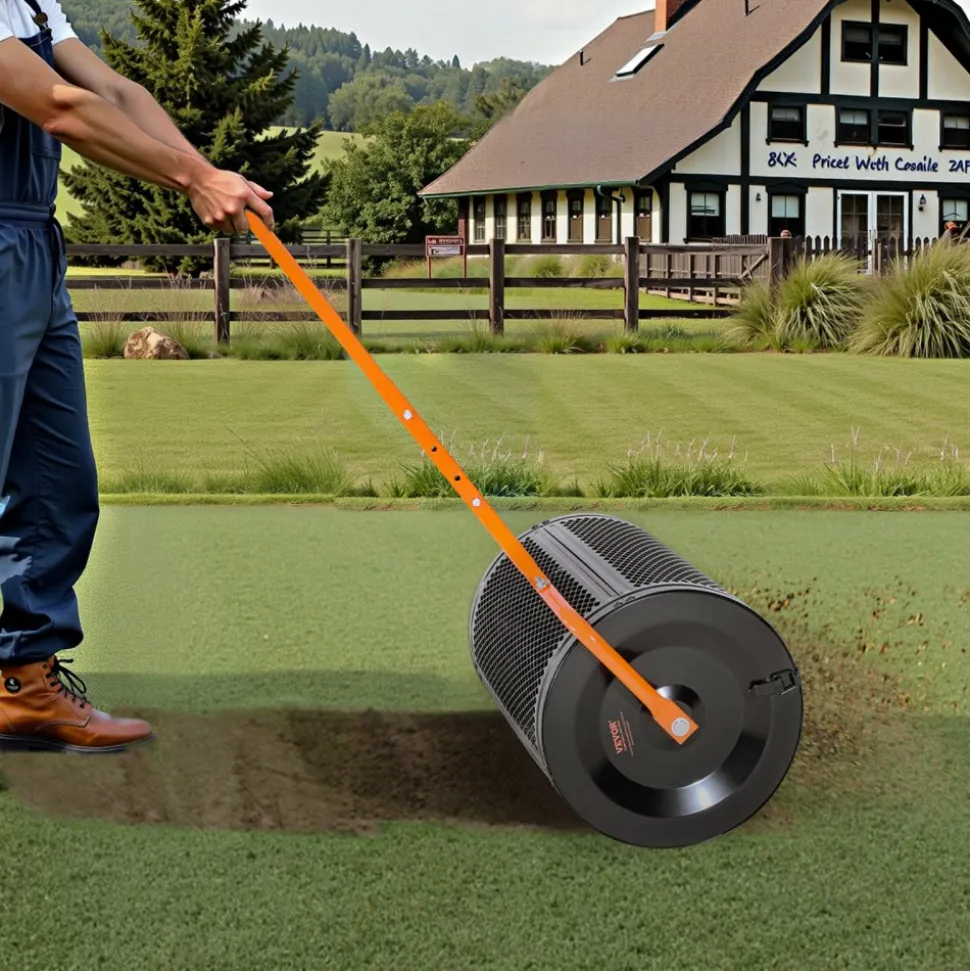 VEVOR Compost Spreader, 24 in Wide Peat Moss Spreader with T Shaped Handle, 3 Heights Adjustable, Powder-Coated Steel Garden Peat Moss Roller, Heavy Duty Grass Seed Spreaders for Planting Seeding