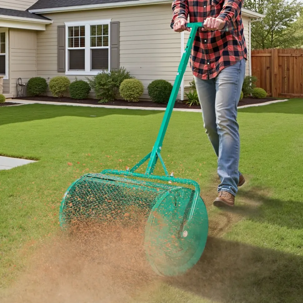 VEVOR Compost Spreader, 24 in Wide Peat Moss Spreader with Push/Tow Handle, 4 Heights Adjustable, Powder-Coated Steel Garden Peat Moss Roller, Heavy Duty Grass Seed Spreaders for Planting Seeding