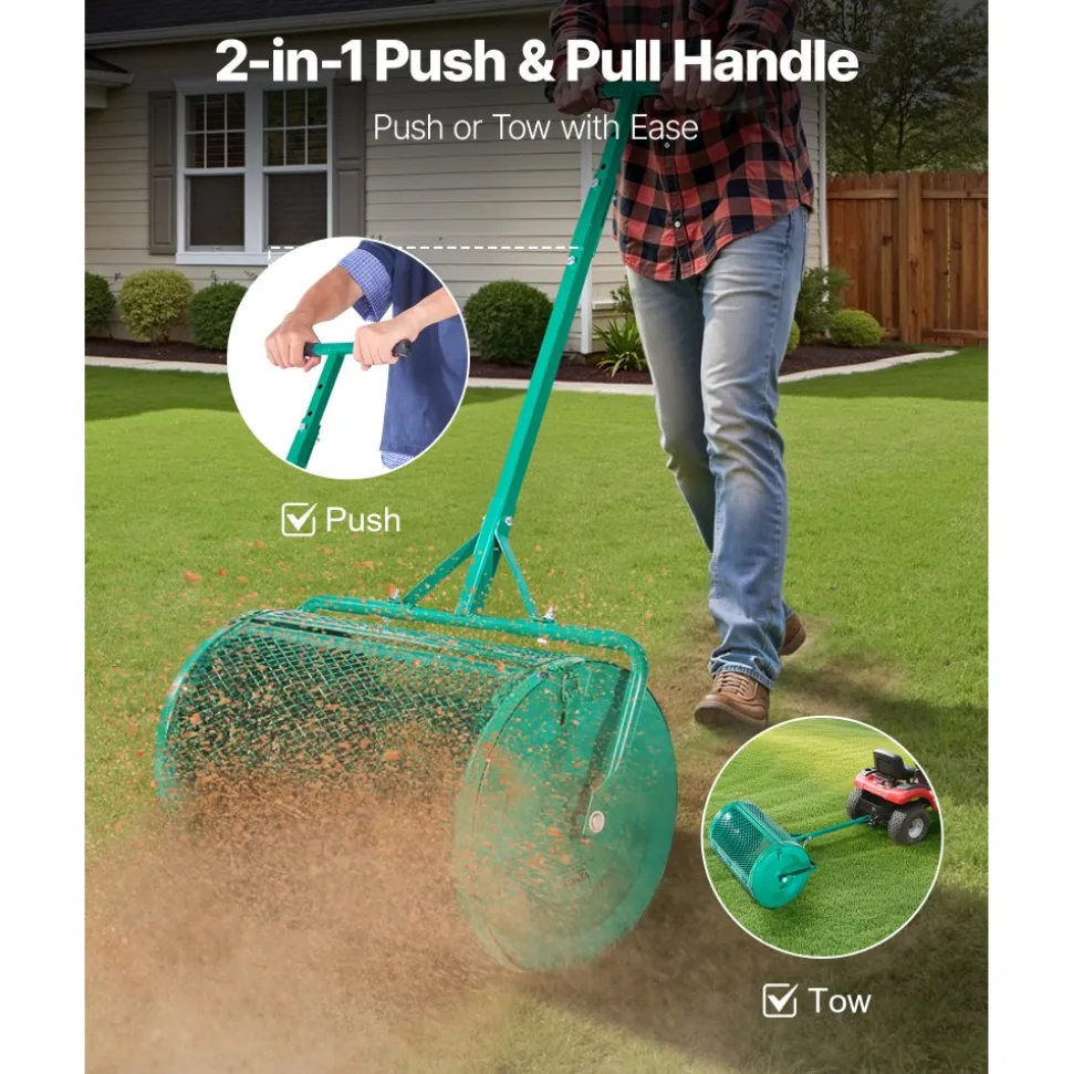 VEVOR Compost Spreader, 24 in Wide Peat Moss Spreader with Push/Tow Handle, 4 Heights Adjustable, Powder-Coated Steel Garden Peat Moss Roller, Heavy Duty Grass Seed Spreaders for Planting Seeding