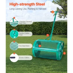 VEVOR Compost Spreader, 24 in Wide Peat Moss Spreader with Push/Tow Handle, 4 Heights Adjustable, Powder-Coated Steel Garden Peat Moss Roller, Heavy Duty Grass Seed Spreaders for Planting Seeding