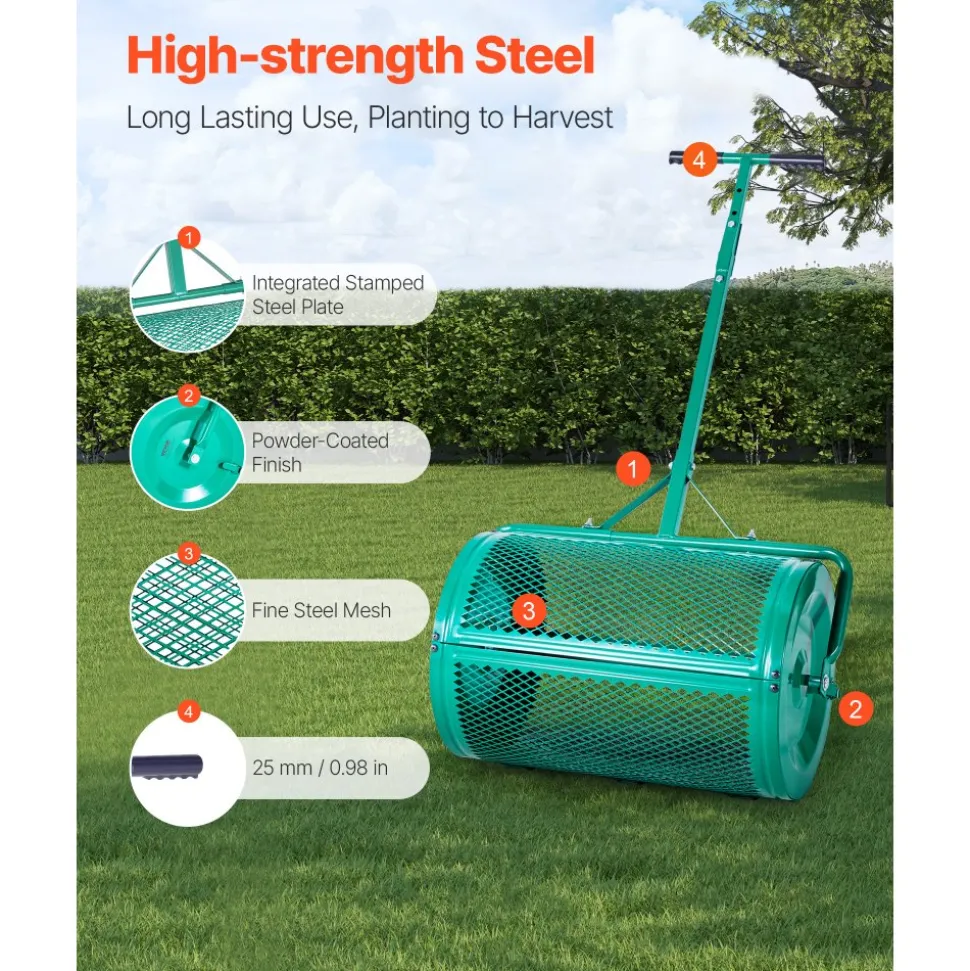 VEVOR Compost Spreader, 24 in Wide Peat Moss Spreader with Push/Tow Handle, 4 Heights Adjustable, Powder-Coated Steel Garden Peat Moss Roller, Heavy Duty Grass Seed Spreaders for Planting Seeding