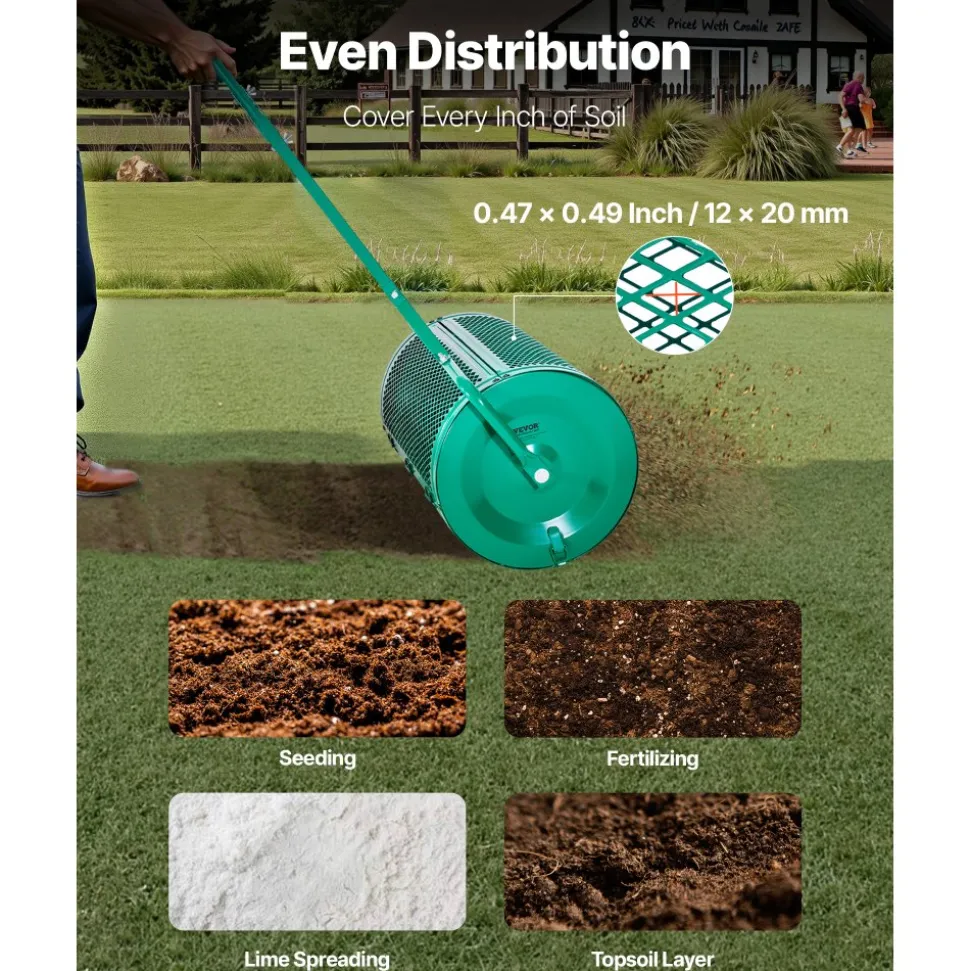 VEVOR Compost Spreader, 24 in Wide Peat Moss Spreader with Push/Tow Handle, 4 Heights Adjustable, Powder-Coated Steel Garden Peat Moss Roller, Heavy Duty Grass Seed Spreaders for Planting Seeding