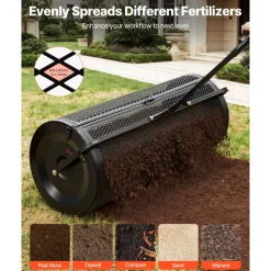 VEVOR Compost Spreader, 44" Wide Peat Moss Spreader with Push/Tow Handle, 4 Heights Adjustable, Powder-Coated Steel Garden Peat Moss Roller, Heavy Duty Grass Seed Roller for Planting Seeding, Black