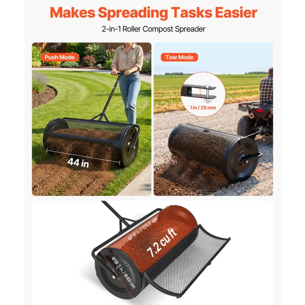 VEVOR Compost Spreader, 44" Wide Peat Moss Spreader with Push/Tow Handle, 4 Heights Adjustable, Powder-Coated Steel Garden Peat Moss Roller, Heavy Duty Grass Seed Roller for Planting Seeding, Black