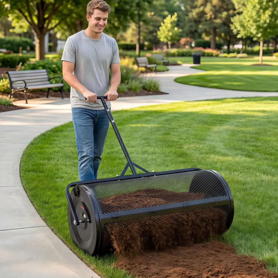 VEVOR Compost Spreader, 44" Wide Peat Moss Spreader with Push/Tow Handle, 4 Heights Adjustable, Powder-Coated Steel Garden Peat Moss Roller, Heavy Duty Grass Seed Roller for Planting Seeding, Black