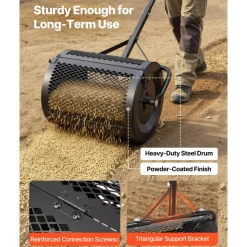 VEVOR Compost Spreader, 16.5" Wide Peat Moss Spreader with T Shaped Handle, 3 Heights Adjustable, Powder-Coated Steel Garden Peat Moss Roller, Heavy Duty Grass Seed Roller for Planting Seeding, Black