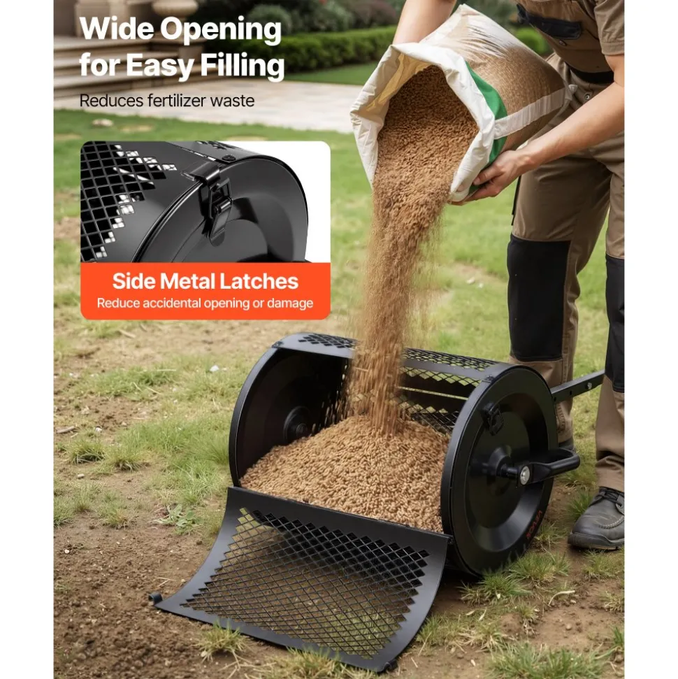 VEVOR Compost Spreader, 16.5" Wide Peat Moss Spreader with T Shaped Handle, 3 Heights Adjustable, Powder-Coated Steel Garden Peat Moss Roller, Heavy Duty Grass Seed Roller for Planting Seeding, Black