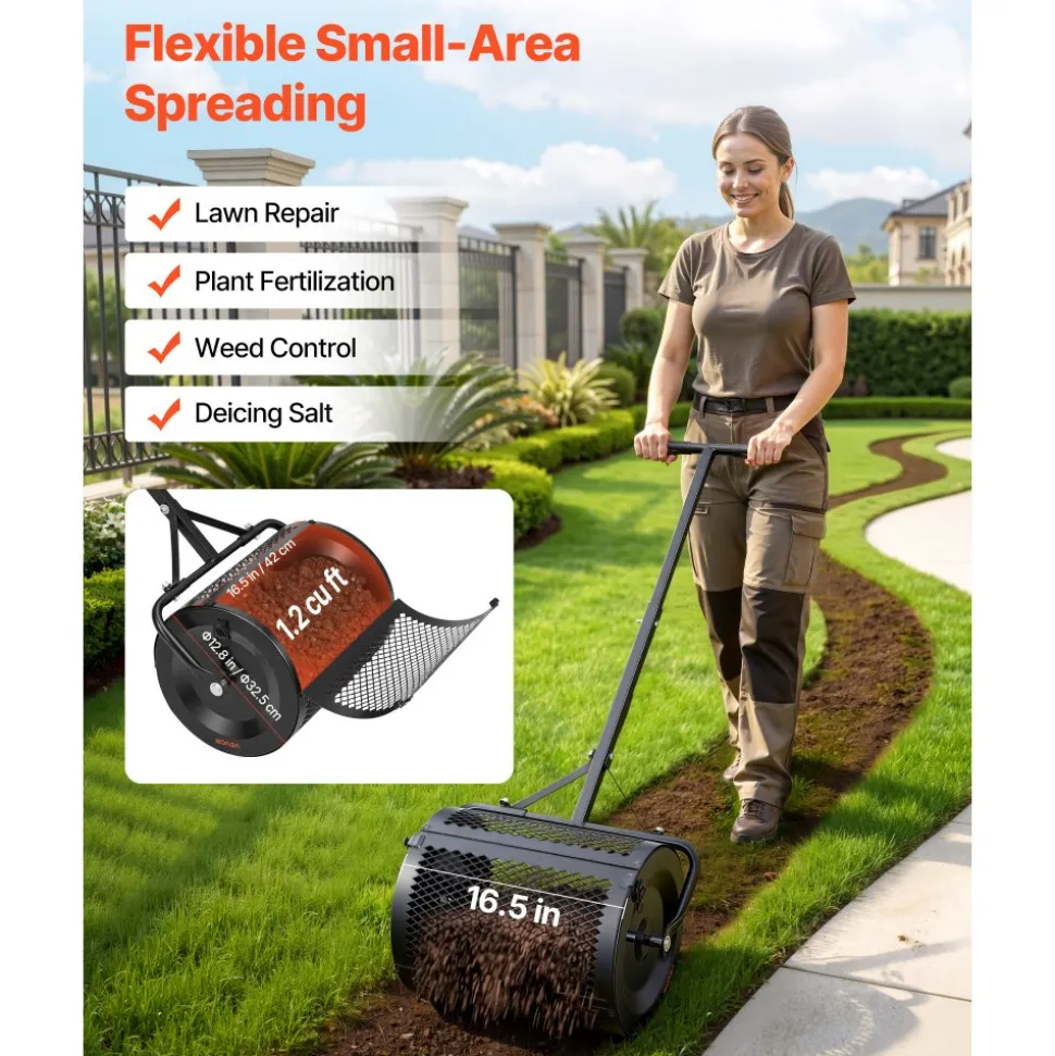VEVOR Compost Spreader, 16.5" Wide Peat Moss Spreader with T Shaped Handle, 3 Heights Adjustable, Powder-Coated Steel Garden Peat Moss Roller, Heavy Duty Grass Seed Roller for Planting Seeding, Black